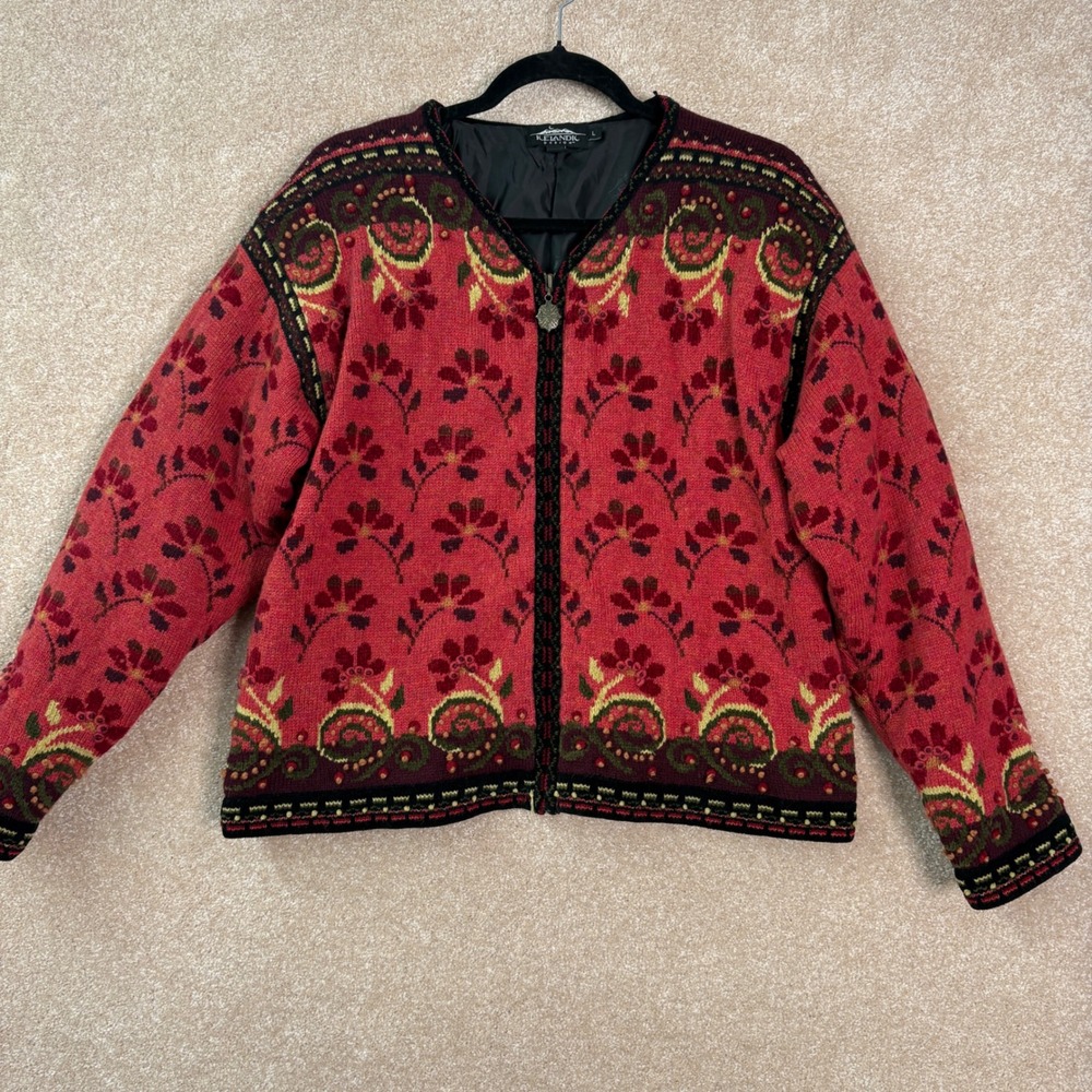 ICELANDIC DESIGN Cardigan Women's Large Red Wool Blend Floral Nordic Sweater